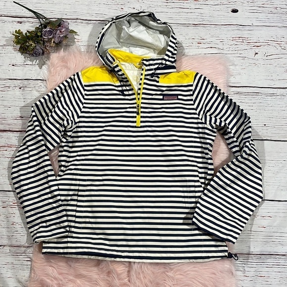 Vineyard Vines Navy Striped Sailor Hooded Rain Quarter Sleeve Jacket - Picture 1 of 11